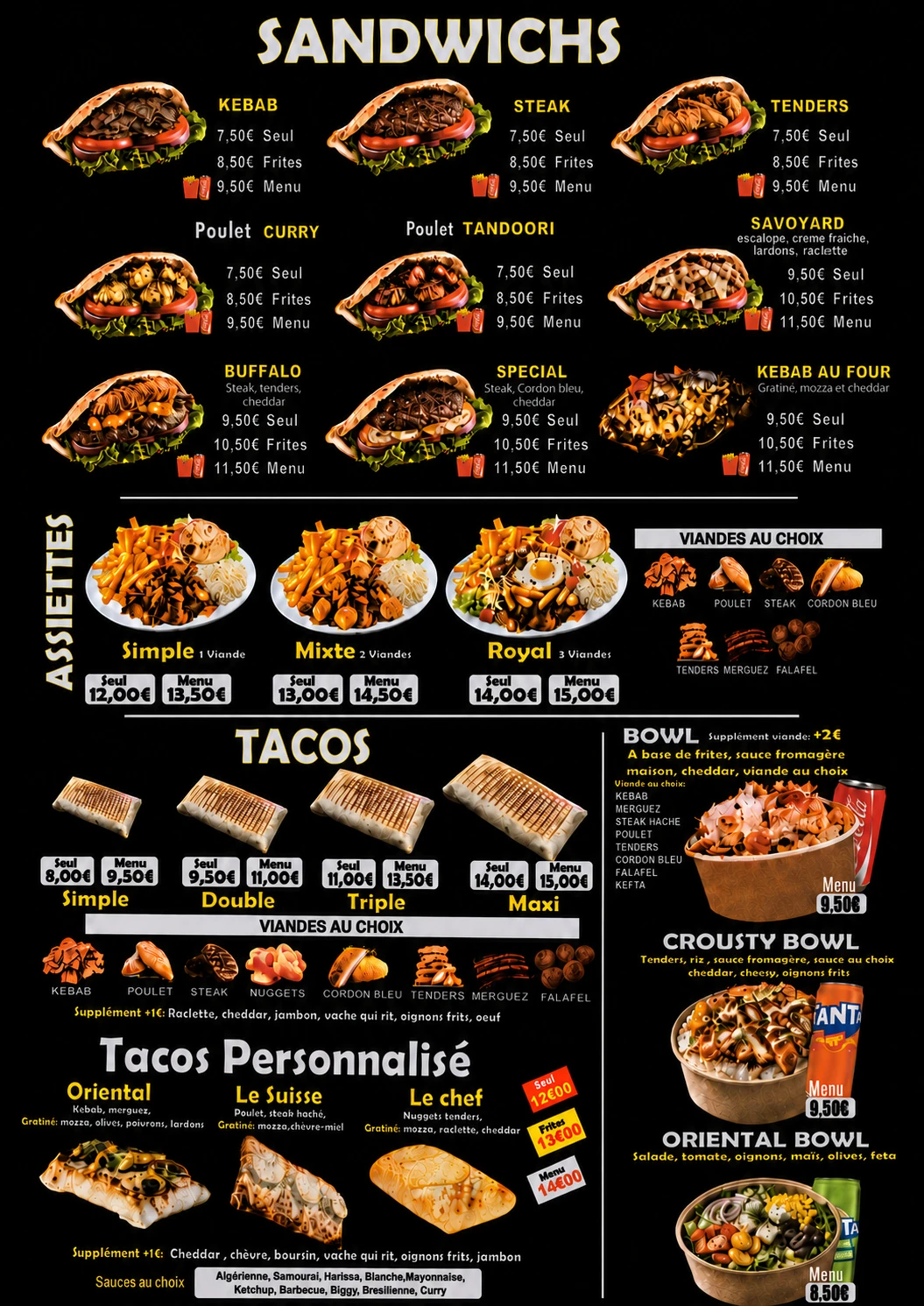 Sandwichs, assiettes, tacos et bowls