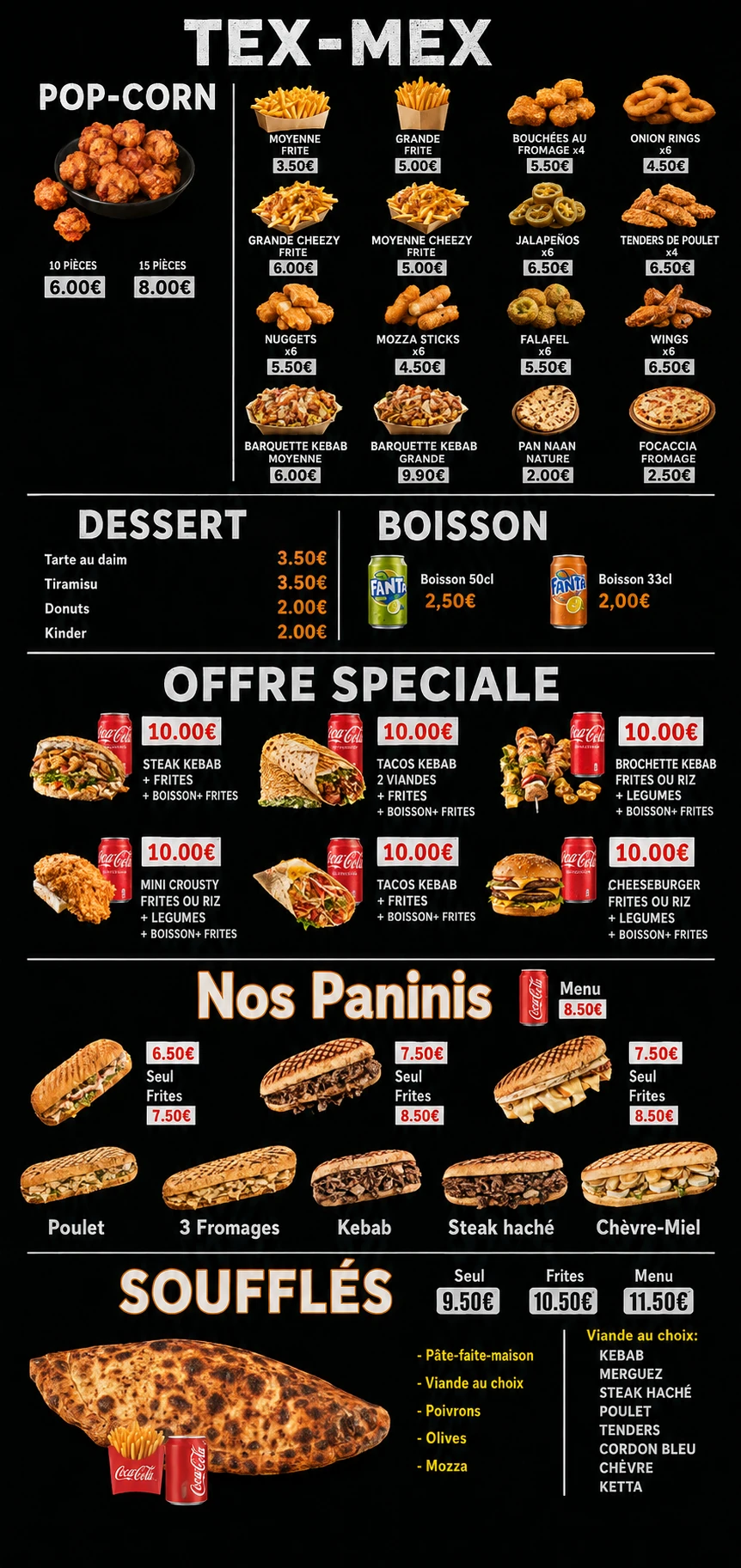 Tex-Mex, desserts, boissons, offres, paninis et soufflés